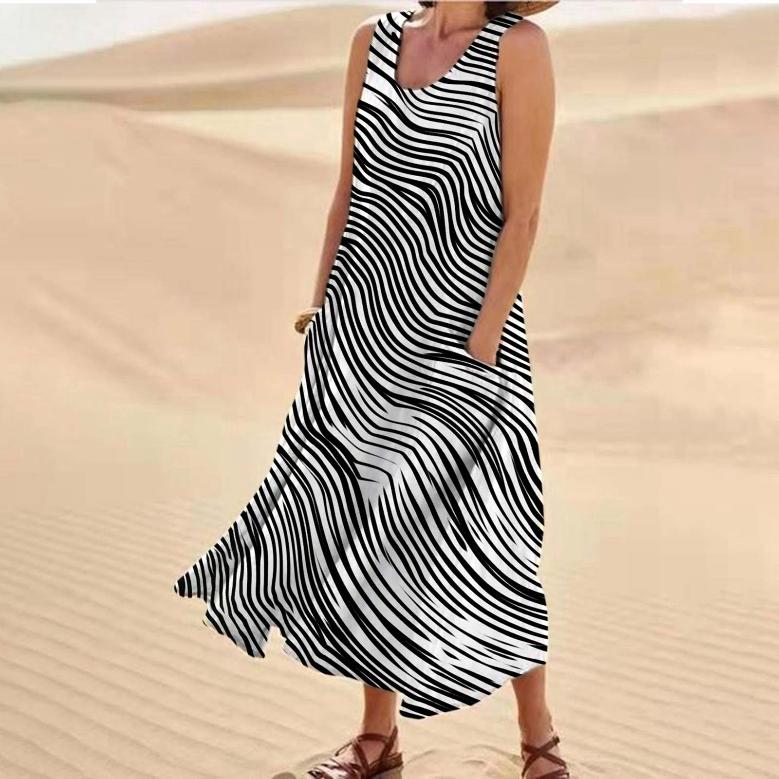 thumbnail image 2 of Vestido informal largo de verano con cuello redondo y rayas degradadas para mujer, 2 of 6